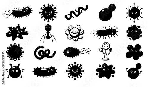 Tableau sur toile Different germs collection vector illustration bacteria and virus set isolated o