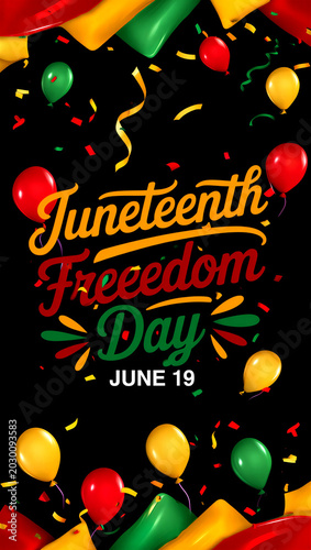 Colorful juneteenth freedom day celebration poster with balloons confetti and festive decorations for june nineteenth holiday event