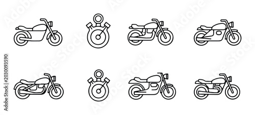 Foto Motorcycle Icons Set, Vintage Cafe Racer & Stopwatch Vector Graphics Collection