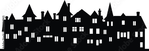 Black and white silhouette of european style houses