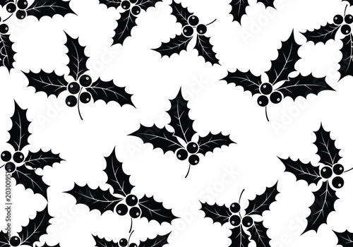 Black holly leaves pattern with berries seamless texture