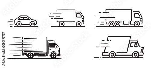 Schilderij op canvas Set of delivery truck icons with speed motion lines depicting fast cargo transport services concept