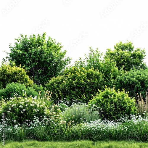 Lush green garden with varied foliage and white blossoms