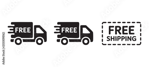 Free shipping delivery truck icons and free shipping text for commerce.