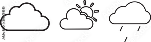 Quadro su tela Weather Icons: A simple line art illustration featuring three distinct weather icons: a fluffy cloud, a sun peeking from behind a cloud, and a cloud with falling rain