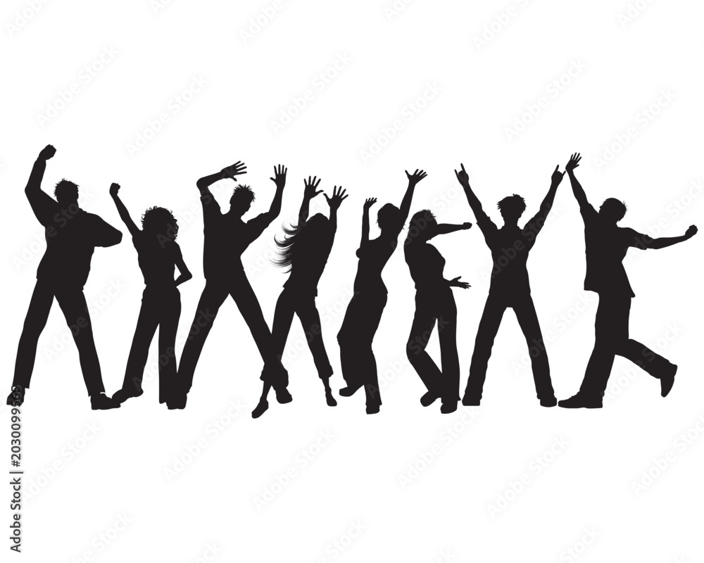 Fototapeta premium Energetic silhouettes of people dancing joyfully with raised hands isolated on a white background raised arms silhouette celebration movement lifestyle background excitement together