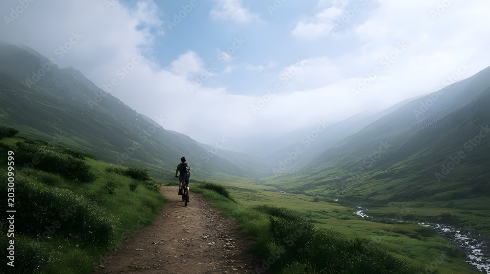 Fototapeta premium A solitary figure walks along a dirt path through a misty lush green mountain valley