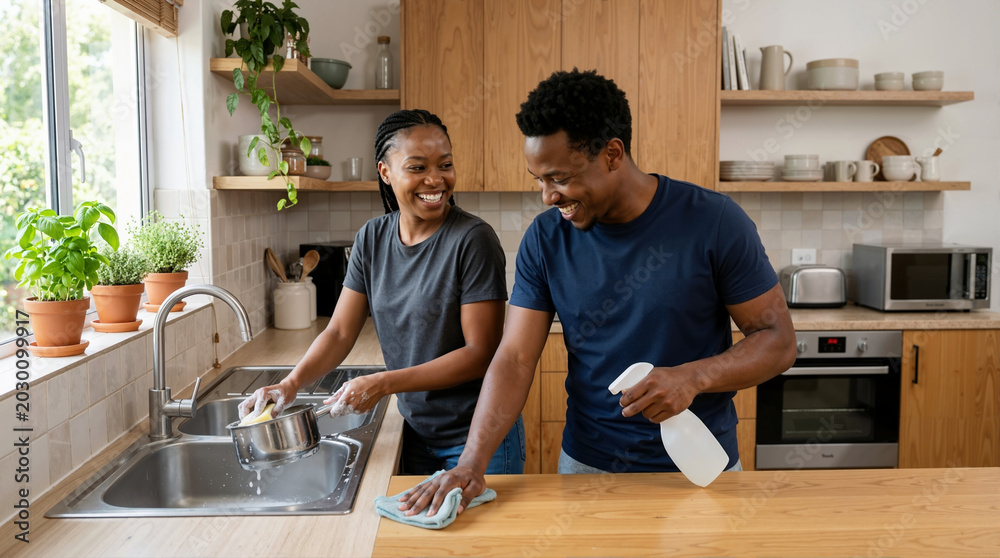 Obraz premium African American couple cleaning modern kitchen together. Smiling man and woman washing dishes and wiping wooden counter. Domestic teamwork and household chores