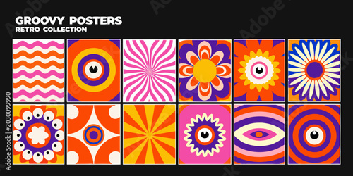 retro groovy posters collection vibrant psychedelic pattern set
