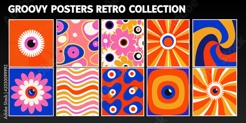 retro groovy posters collection vibrant 1960s style patterns