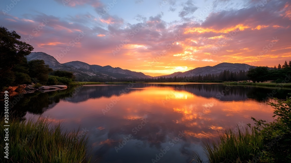 Fototapeta premium Vibrant reflection of colorful sunrise or sunset light across the water and distant mountain landscape
