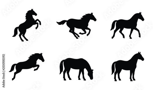 Quadro su tela Six Black Horse Silhouettes, Equine Vector Icons, Animal Poses, Equestrian Graph