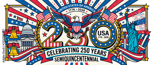 USA 250th anniversary semiquincentennial banner. Flat design vector illustration with bald eagle and sunburst background