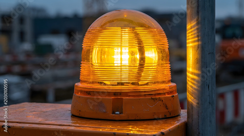 A construction site lighthouse mounted on a metal pole at dusk, a close-up exterior view with fine details, natural light.