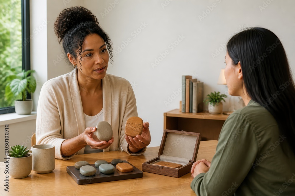 Fototapeta premium Two women discussing wellness products during a calm consultation with sample stones and presentation materials