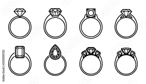 Bild auf Leinwand Diamond Ring Icons, Elegant Jewelry Vector Set, Engagement & Wedding Band Graphi