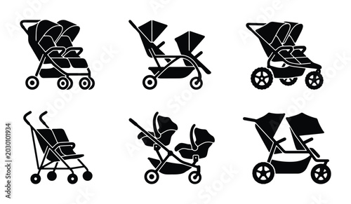 Foto Twin Stroller Icons Set, Double Baby Carriage Vector Graphics, Tandem Pushchair