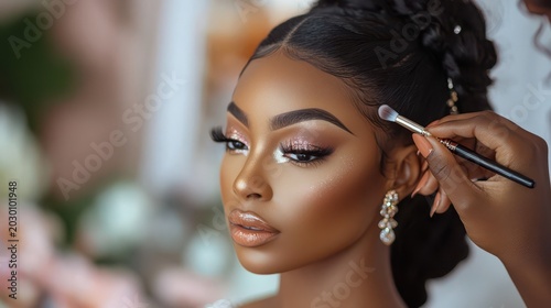 Young woman receiving professional makeup application with gold earrings in soft natural light