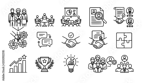 Canvastavla Corporate teamwork and businessman outline icons vector collection