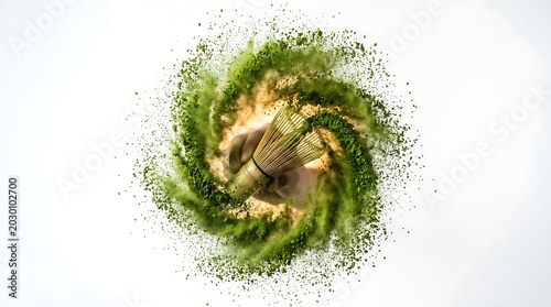 Dynamic swirl of green matcha powder exploding around a traditional bamboo whisk on a white background