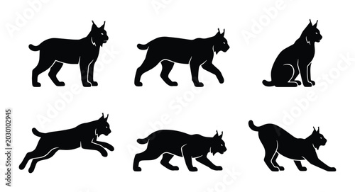 Canvas Print Six Black Lynx Silhouettes, Wild Cat Poses Vector Set, Elegant Feline Animal Gra