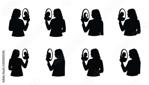Foto Silhouette Woman Mirror Reflection Icons, Self-Awareness Concept, Identity Explo