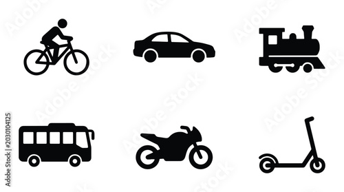 Transportation Icons Set: Bicycle, Car, Train, Bus, Motorcycle, Scooter, Vector Graphics for Mobility and Travel Concepts