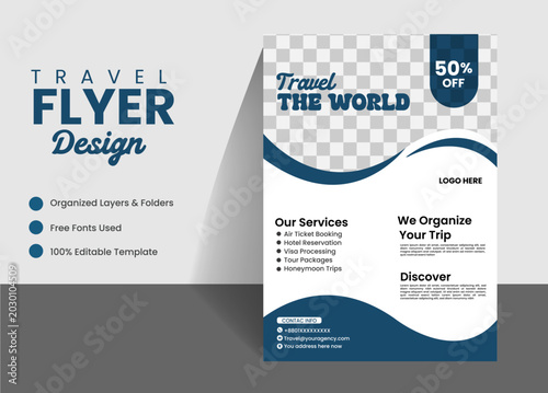 Modern travel agency flyer template and corporate tourism promotion brochure design set featuring abstract geometric wave shapes with realistic professional business marketing presentation layout