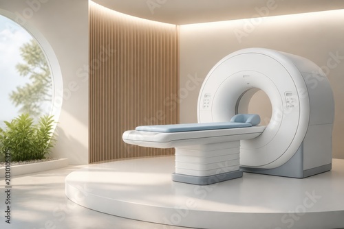 Modern MRI scanner in a minimalist medical imaging room with natural light and indoor plants