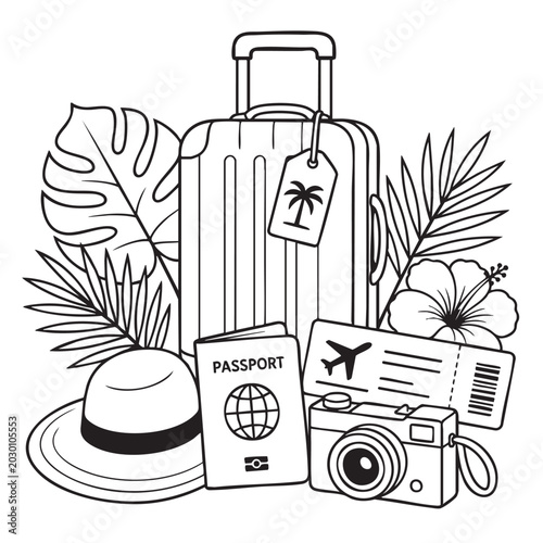 Travel luggage suitcase with passport ticket camera sunglasses and tropical plants coloring book style