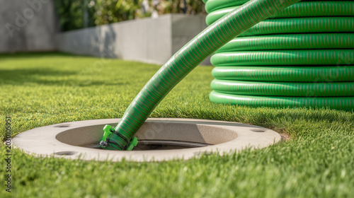 Green vacuum hose connected to underground septic tank for residential wastewater pumping and maintenance service.