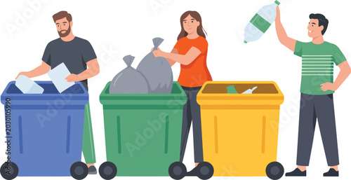 Foto People sorting trash for recycling with bins vector illustration.