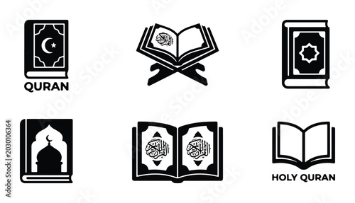 Konstfotografi Set of 6 Islamic Holy Books Icons Vector, Quran and Mosque Symbols for Religious