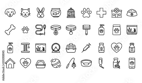 Pet Shop Thin Line Icon Set Veterinary Care Animal Symbols Food Accessories Vector