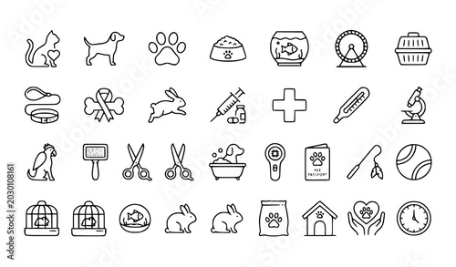 Veterinary and Pet Shop Line Icon Collection Vector Domestic Animal Care Set
