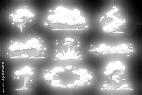Collection of stylized white smoke and cloud effects in a comic art style