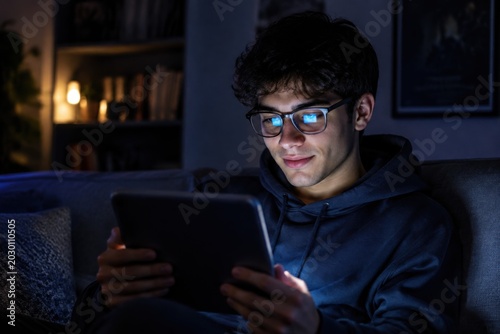 Young man wearing glasses engrossed in his tablet at night