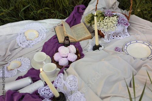 Outdoor Picnic with Marshmallows and Candles. Picnic setup with candles, book, and marshmallows on a blanket in a field