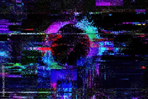 Abstract digital glitch art with vibrant neon colors and distorted patterns