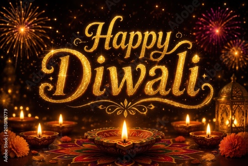 Happy Diwali greetings with illuminated diyas and fireworks in the night sky