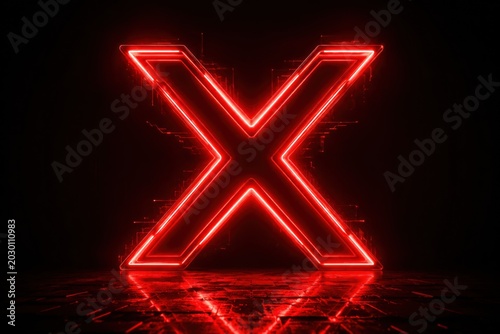 Glowing red neon letter X symbol on a dark background with reflective surface