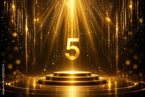Golden number 5 illuminated on a stage with falling glitter and spotlights
