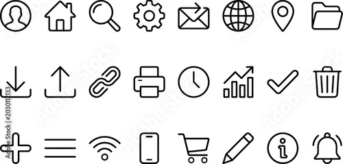 Foto Set of various icons representing different functions and features with pie char
