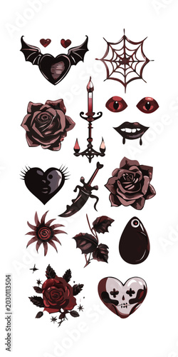 Gothic tattoo flash sheet with dark roses, winged heart, spider web, daggers, candelabra and vampire lips vector illustration