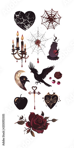Gothic tattoo flash set with raven, spider web, broken heart, candelabra, dark rose and mystical elements vector illustration