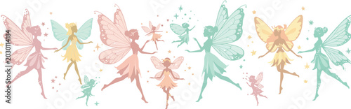Fotografía A group of colorful dancing fairies in various poses on white background in past