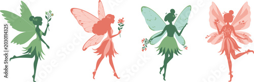 Fotografija Four whimsical fairies in different colors standing in a row with wings and flow