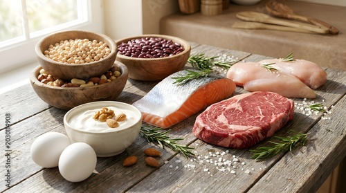 Rustic arrangement of high protein raw food items featuring salmon fillet, beef steak, chicken breast, fresh eggs, and legumes garnished with rosemary and salt on a weathered wooden table surface