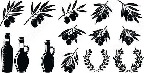 Olive Branch and Oil Bottle Vector Silhouette Set with Green Olives Twigs and Wreath Elements for Logo Design