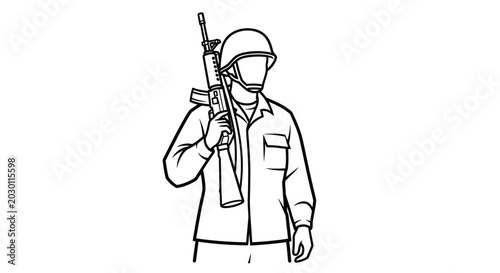Foto soldier holding rifle in black and white line drawing high quality